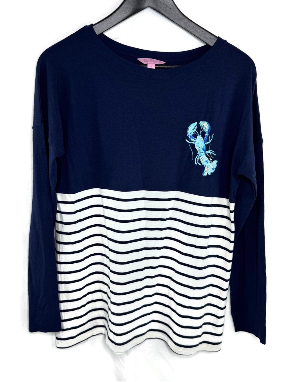 Lilly Pulitzer Navy & White Long-Sleeve Stripe Top with Blue Lobster Small
